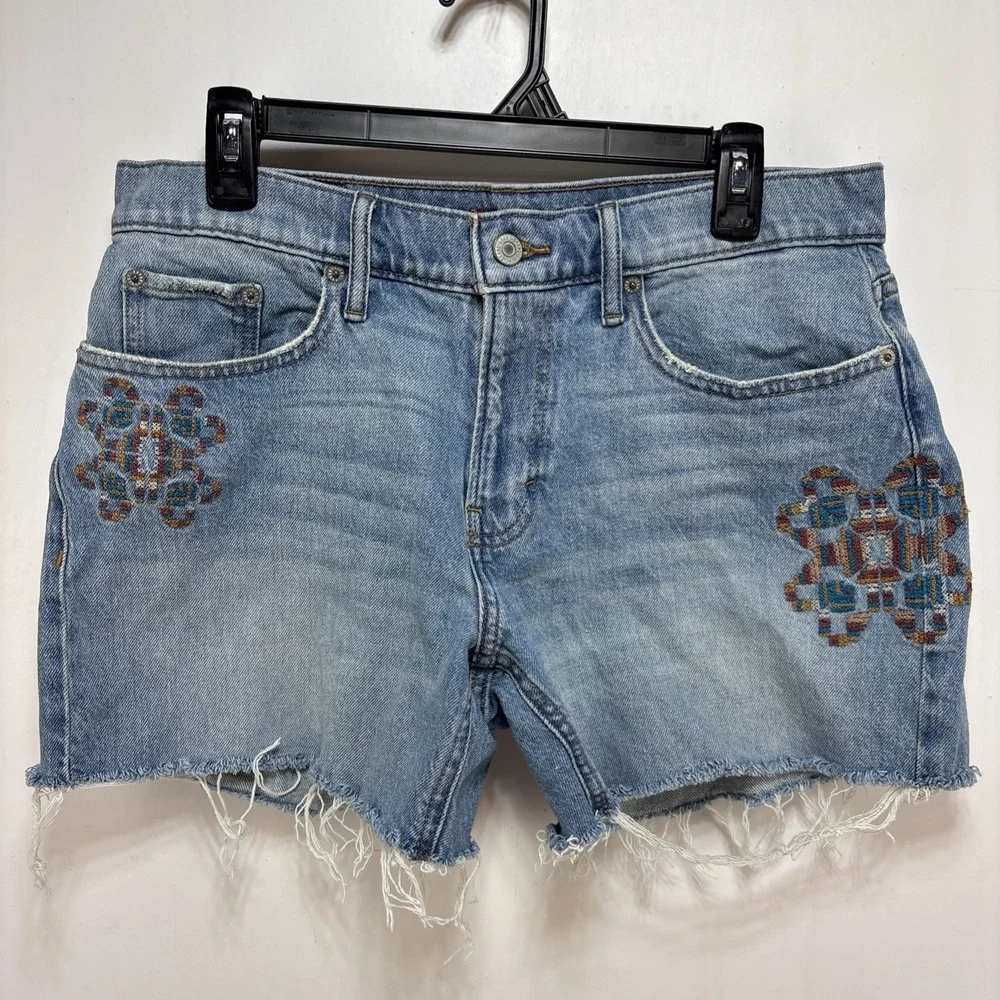 Lucky Brand Womens Midrise Boy Short Cutoff Embroidered Denim‎ Size 8 Cutoff